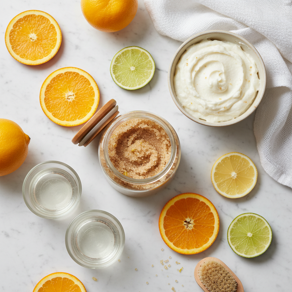 Productos exfoliantes y scrub de azúcar sobre superficie blanca con rodajas de cítricos